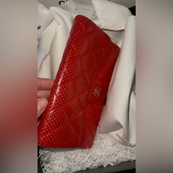 EUC Chanel Red Perforated Leather Snap Closure Trifold Wallet Custom Shimmer - Picture 9 of 16